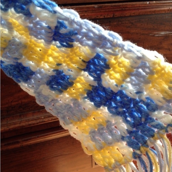 Handmade blue, yellow, and white knitted scarf - Picture 3 of 4